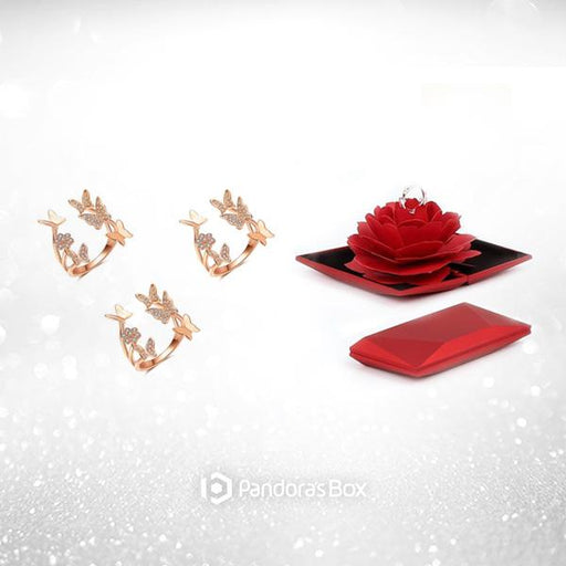 3 Free Spirit Adjustable Butterfly Rings with 3 Red Rose Gift Boxes