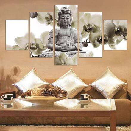 White Orchid Buddha - 5 Panel Canvas Art