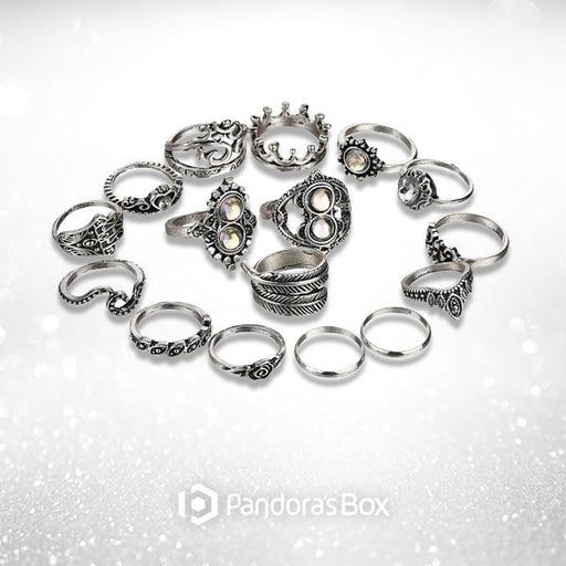 Antique Silver Bohemian Ring Set - 16pc