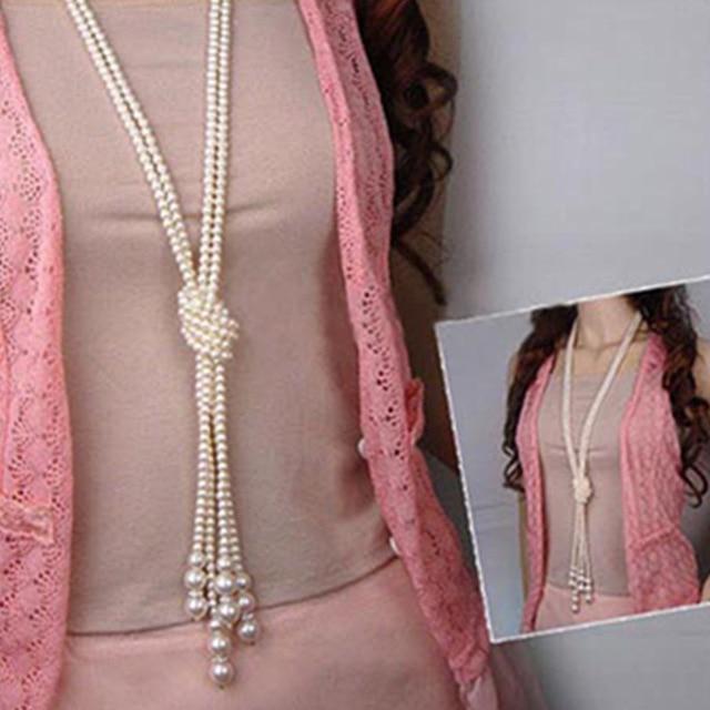"Strings of Pearls" Double-Knotted Long Pearl Tassel Necklace