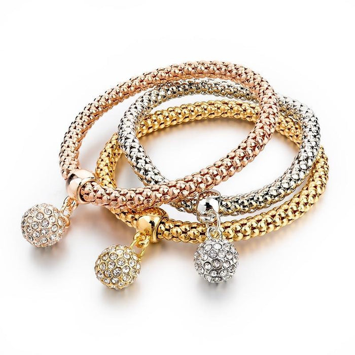 Gold Ball Necklace with Rhinestone Pendant, Happiness Earrings & Crystal Studded Ball Bracelet
