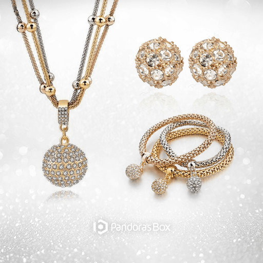 Gold Ball Necklace with Rhinestone Pendant, Happiness Earrings & Crystal Studded Ball Bracelet