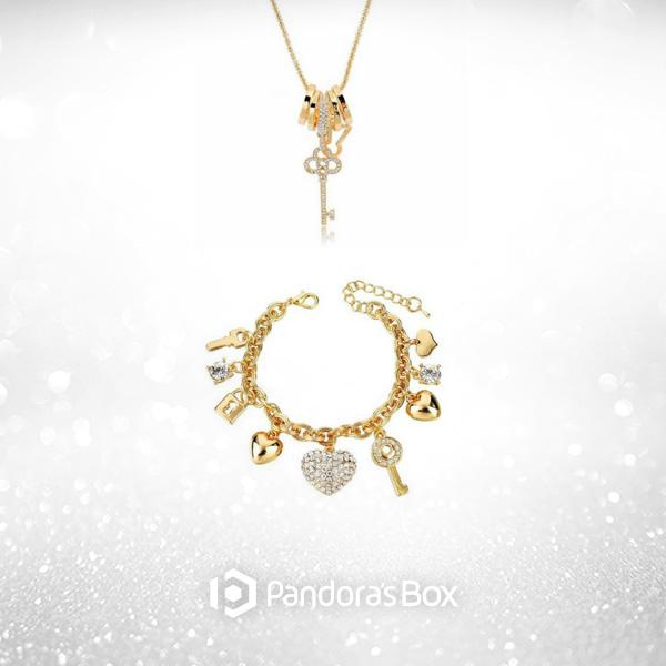 Gold Key Necklace and Love Locked Bracelet Bundle