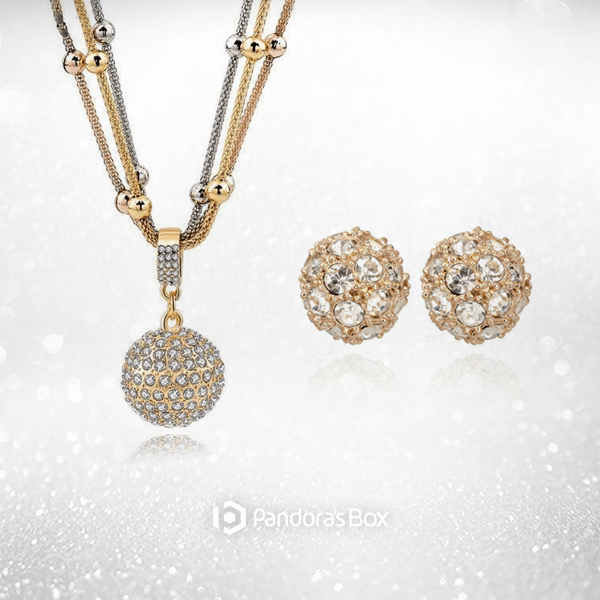 Gold Ball Necklace with Rhinestone Pendant Happiness Earrings Pandora s Box INC