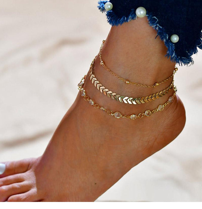 3 Sets of Chevron and Crystals Anklet Set - 9pcs
