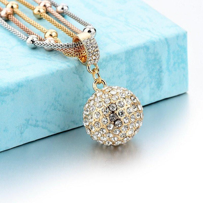 Gold Ball Necklace with Rhinestone Pendant, Happiness Earrings & Crystal Studded Ball Bracelet