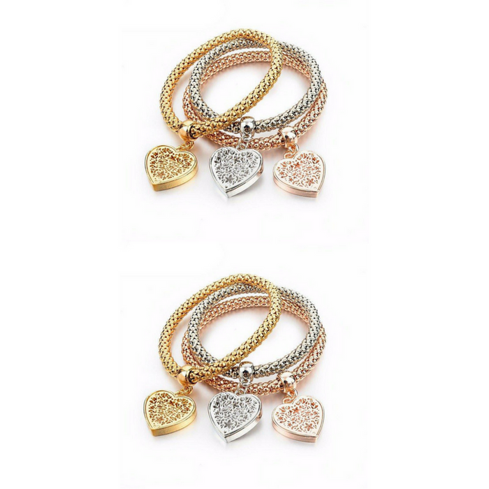 2 Set of Heart Charm Bracelets with Austrian Crystals