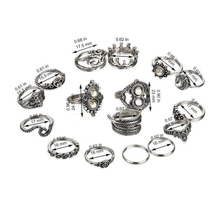 Antique Silver Bohemian Ring Set - 16pc