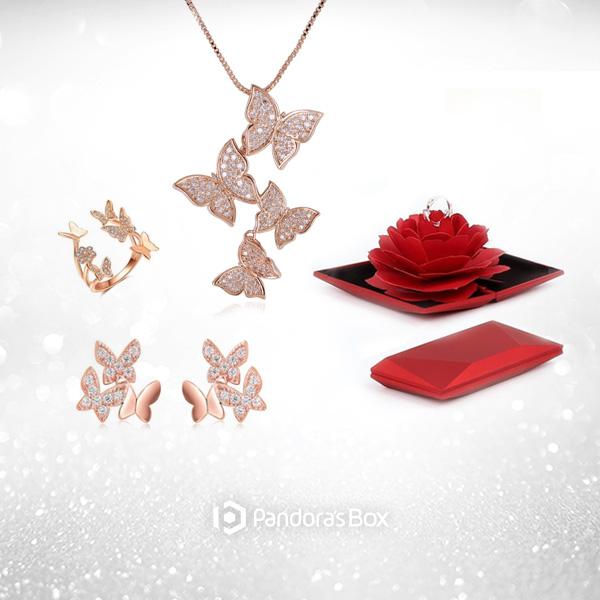 Free Spirit Adjustable Butterfly Ring, Necklace & Earnings with Red Rose Gift Boxes