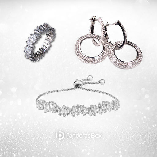 "Hollywood Hoops" Crystal Double Hoop Earrings, Baguette Ring and Adjustable Bracelet
