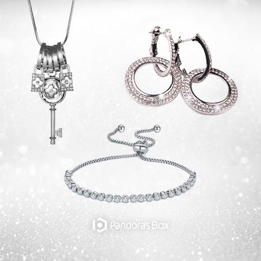Hollywood Hoops Crystal Earrings, Rhinestone Adjustable Tennis Bracelet & Silver Key Necklace