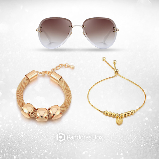 Maverick Mood Sunglass, Cube Charm Gold Metal & Heart of Gold Adjustable Bracelet